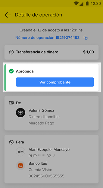 Imagen ilustrativa de un detalle de operación señalando como visualizar el comprobante
